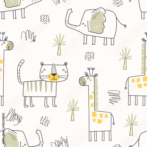 Childish seamless pattern with cartoon tiger, giraffe and elephant. Scandinavian style vector illustration for textile, baby print, wrapping, t-shirt, packaging, bedding, clothing and others