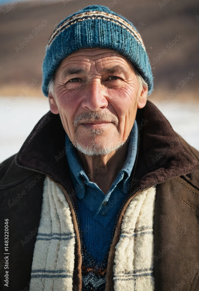 A proud Chukchi elder stands against a tranquil Chukotka backdrop, embodying Arctic community spirit and bridging generations through storytelling and tradition Generative AI A proud Chukchi elder stands against a tranquil Chukotka backdrop, embodying Arctic community spirit and bridging generations through storytelling and tradition Generative AI