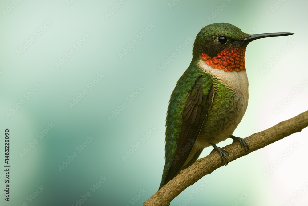 Fototapeta premium A colorful kingfisher with a striking blue feather perches on a green branch near a small, swift red-billed hummingbird and a wild red-billed hornbill