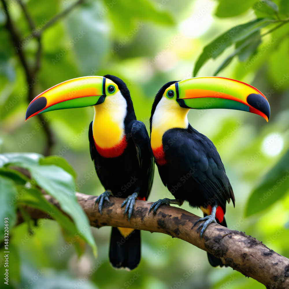 Fototapeta premium Two Toucans Perched on Branch with Lush Green Foliage Backdrop
