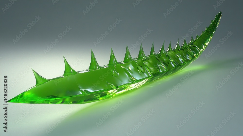 Naklejka premium Luminous Green Aloe Vera Leaf, Nature's Remedy, Glistening Gel, Spiky Texture, Herbal Beauty