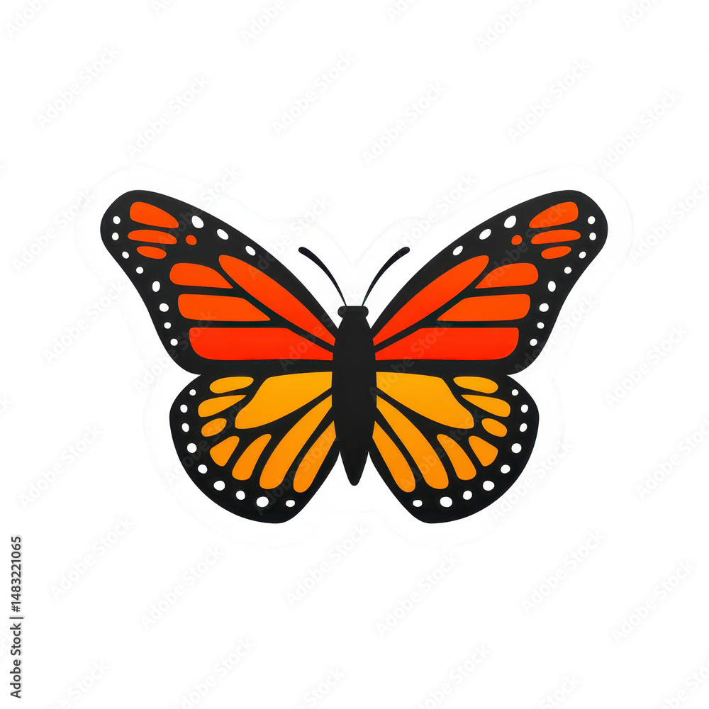 Obraz premium Vibrant illustration of monarch butterfly with orange and black wings, showcasing intricate patterns and white spots, set against plain background