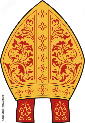 Ornate Gold and Red Bishop Mitre Vector with Symmetrical Baroque Floral Pattern – Catholic Clergy Hat Illustration