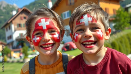 Wallpaper Mural Smiling caucasian boys with swiss flag face paint outdoors in mountain village. Swiss National Day 2025 in Switzerland 1 august Torontodigital.ca