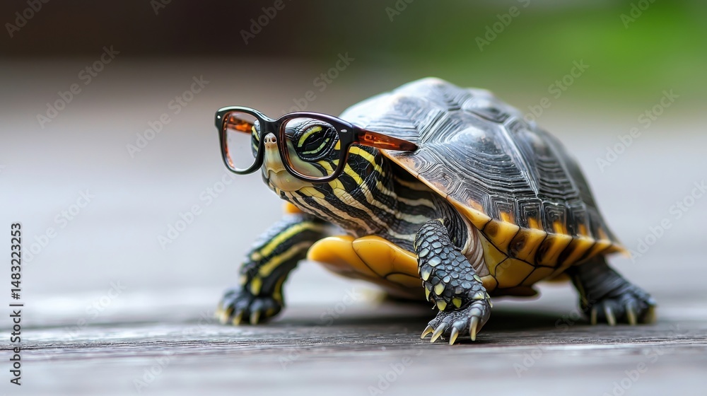 Obraz premium Studio shot of small turtle in geeky glasses, charming and intellectual vibe