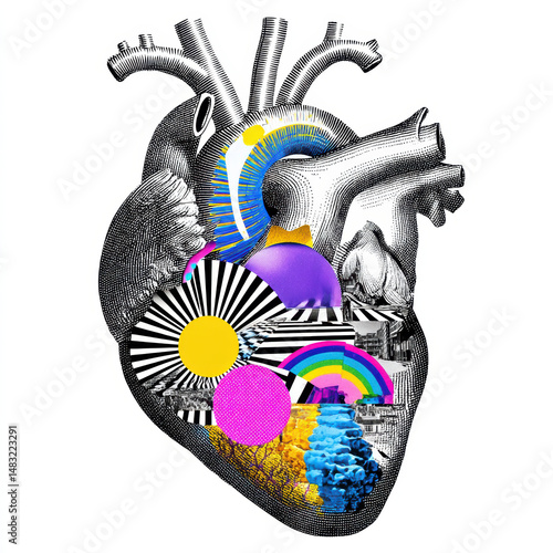 Human heart with colorful abstract shapes and patterns, vibrant and artistic collage design