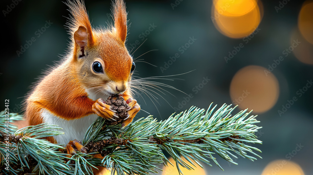 Fototapeta premium Red squirrel pine branch eating pine cone nature wildlife cute bokeh background. red squirrel sits pine branch eating pine