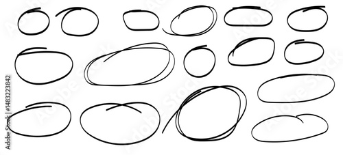 Collection of hand drawn circles in various sizes and styles on isolated transparent background, vector, illustration