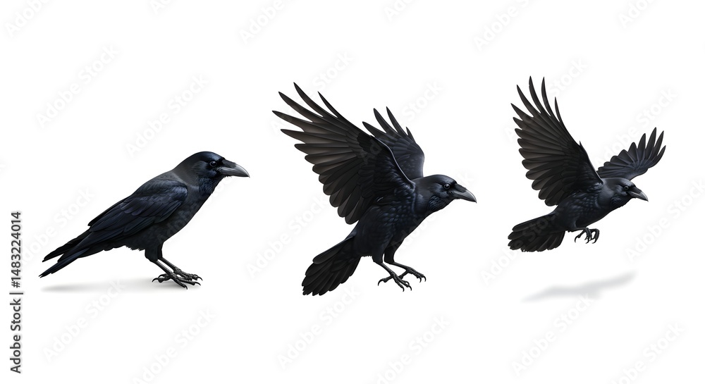 Fototapeta premium Raven Taking Flight Sequence Isolated on White Background