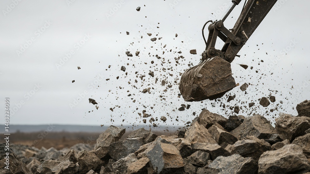 Fototapeta premium Heavy machinery lifting and dispersing rocks in an outdoor setting.