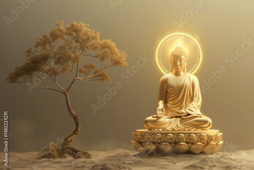 Golden Buddha statue with serene expression representing meditation beside yellow bonsai against neutral background with copy space