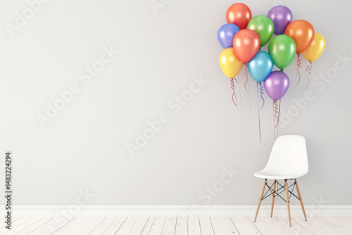 Group of colorful balloons with cheerful mood tied to white chair against minimal interior wall with copy space