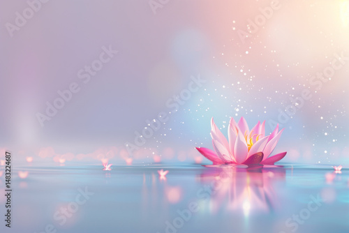 Pink lotus flower with serene mood gently floating on water surface against dreamy pastel background
