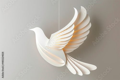Stylized white paper dove with symbolic mood hanging in midair against soft gradient background with copy space
