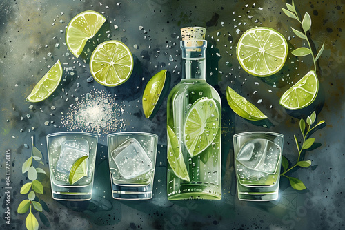 Illustration of tequila bottle with vibrant mood surrounded by lime wedges, salt, and cocktail glasses on artistic dark background