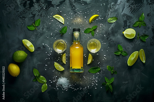 Top-down tequila composition with fresh mood showing bottle, shot glasses, lime wedges, salt, and mint leaves on dark textured surface