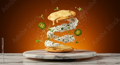 Wallpaper Mural Artistic food presentation showcasing crackers, cheese and jalape?os in dynamic motion Torontodigital.ca