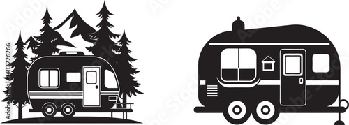 Set of Camping trailers silhouette on a white background