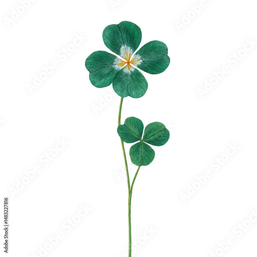Delicate illustration of four leaf clover and three leaf clover on single stem, symbolizing luck and nature beauty. green leaves are detailed and vibrant