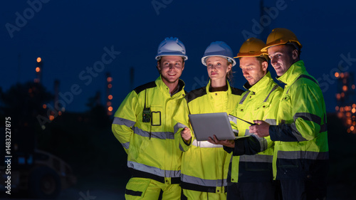caucasian white engineers in safety uniforms and helmets using laptop and radio for site communication. Concept of teamwork, inspection, and operations at an industrial facility.Construction of Oil, 