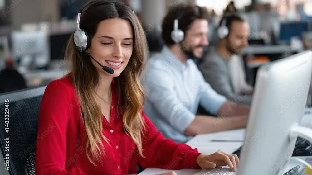 Smiling Customer Service: The image shows a customer service representative happily assisting others, the teamwork is outstanding. Smiling Customer Service: The image shows a customer service representative happily assisting others, the teamwork is outstanding.