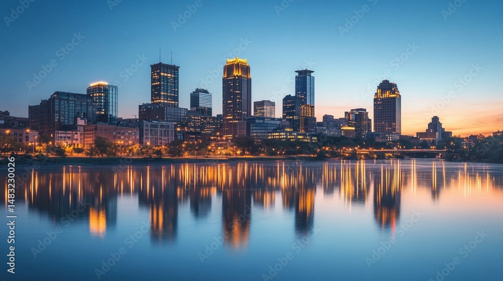 Naklejka premium Minneapolis skyline at dawn, reflected in calm water