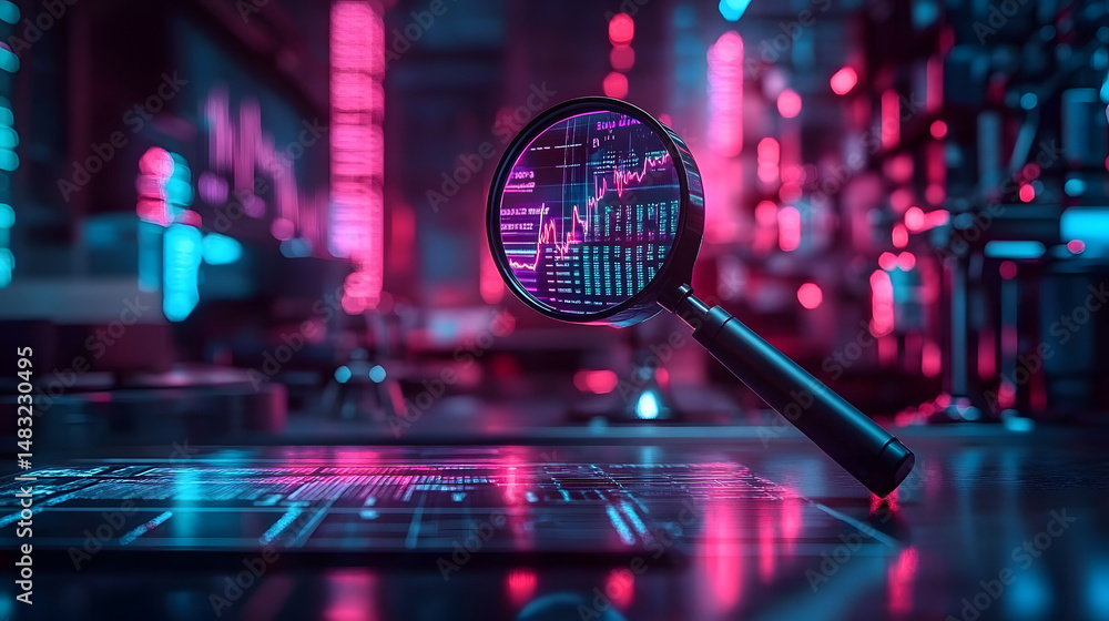 Fototapeta premium The process of data analysis, search engine optimization (SEO), the use of magnifiers, charts, graphs, and ultraviolet and neon screens is enhanced by AI generative capabilities.