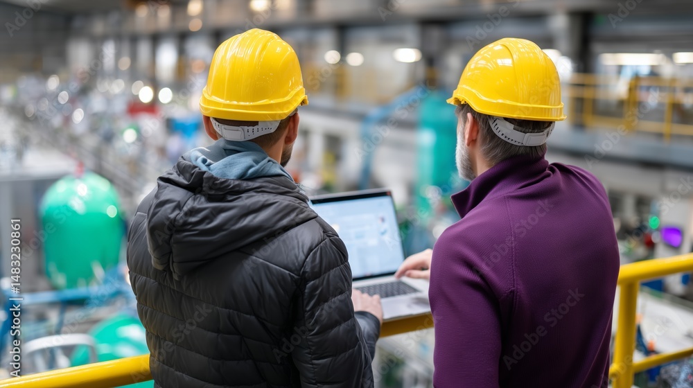 Engineers review project data while overseeing production in a manufacturing facility during the daytime