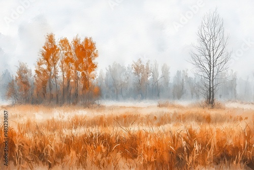 Wallpaper Mural Serene Autumn Landscape with Orange Trees and Misty Background Torontodigital.ca