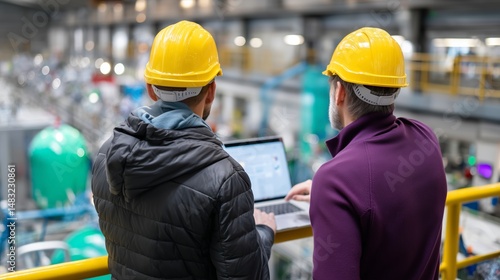 Obraz na płótnie Engineers review project data while overseeing production in a manufacturing facility during the daytime w salonie