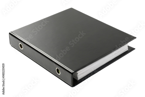 A black ring binder filled with papers.