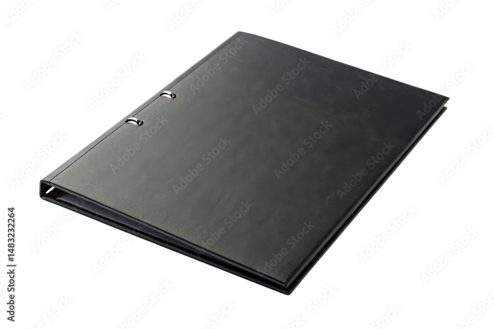 A closed black binder with metal rings, suitable for organizing documents or files. A closed black binder with metal rings, suitable for organizing documents or files.