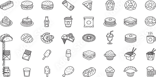 Fast Food Editable Icons set. Vector illustration in modern thin line style of restaurant menu related icons: burger, French fries, desserts, and more.