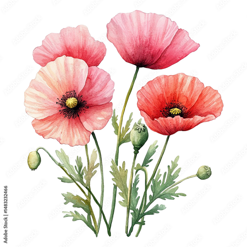Obraz premium poppy, flower, watercolor, clipart, floral, botanical, red, orange, pink, wildflower, summer, spring, nature, bloom, garden, hand-painted, artistic