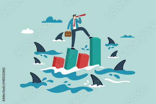 Risk management for investment or stock trading, crypto currency or economic, market volatility or uncertainty challenge, investment strategy concept, businessman with telescope on risky graph.