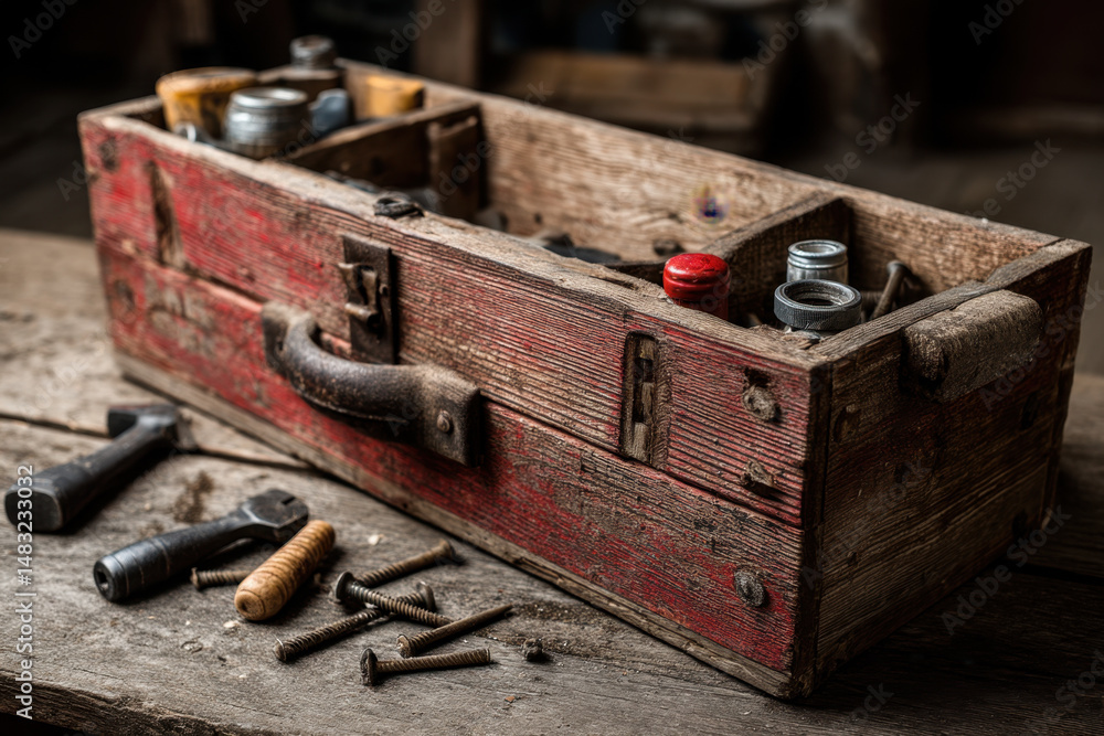 Wooden box with tools: hammer, saw, and wrench. Background of a workshop with shelves and workbench cluttered with various equipment and materials. Wooden box with tools: hammer, saw, and wrench. Background of a workshop with shelves and workbench cluttered with various equipment and materials.