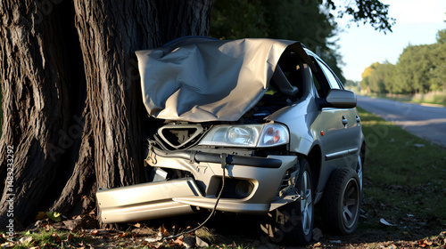 Crushed front end of a car against a tree, severe impact, singlevehicle accident