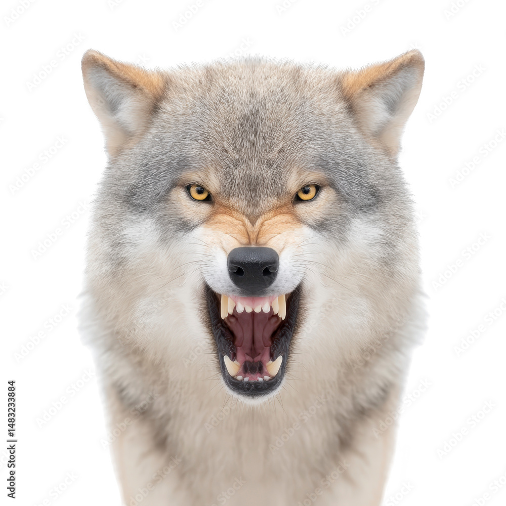 Fototapeta premium Fierce wolf with bared teeth and intense eyes, showcasing its wild nature and strength. close up captures animal fur texture and powerful expression