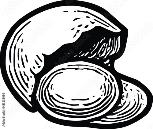 A black-and-white line drawing of a broken eggshell featuring cracked texture, jagged edges, and a minimalistic style, symbolizing natural farm produce and organic breakfast themes