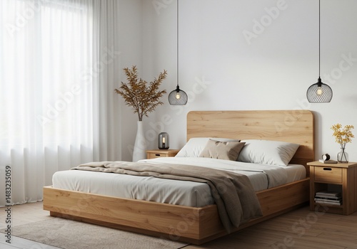 穏やか光 木目ベッド シンプル寝室 上質空間