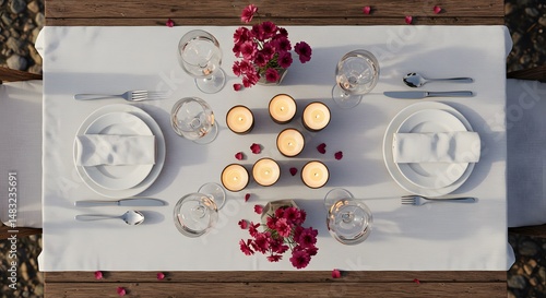 Top view of romantic dinner setup for two, candles and wine glasses on white tablecloth, symmetrical composition, flat lay, shot with DSLR in natural daylight.