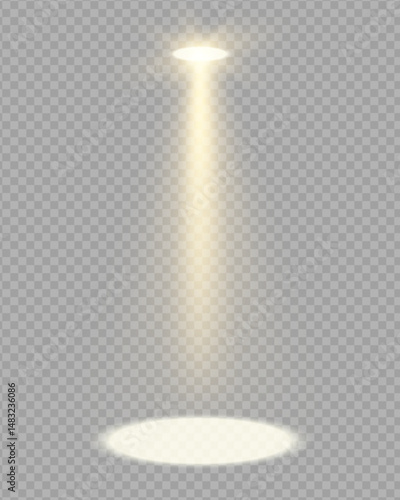 Golden stage spotlight with glowing beam on dark background. Realistic vector effect for concert, theater, or party scene. Neon flare with sparkling glare. Ideal for festive or entertainment design.
