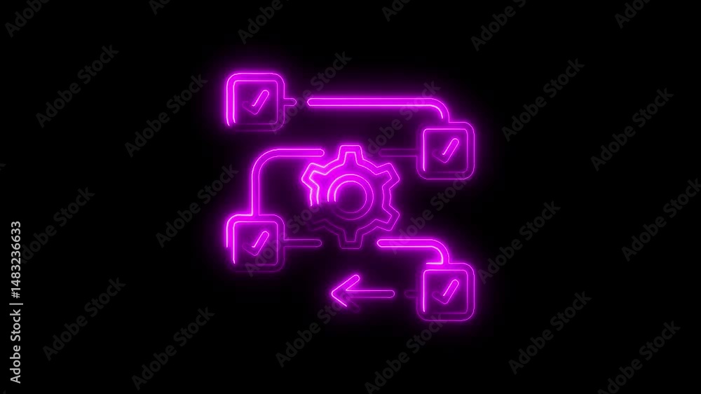 Illuminated workflow diagram with checkmarks and cogwheel on a black background Illuminated workflow diagram with checkmarks and cogwheel on a black background