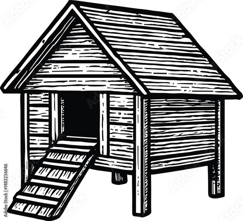 A small rustic wooden chicken coop elevated on stilts with a pitched roof, front porch, and ramp, designed for outdoor poultry shelter in a rural farm setting, promoting natural ventilation and eco-fr