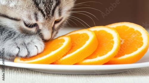 Curious cat sampling fresh orange slices, playful feline exploring new flavors on a bright kitchen counter.