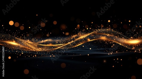 Golden waves of light particles on a dark background