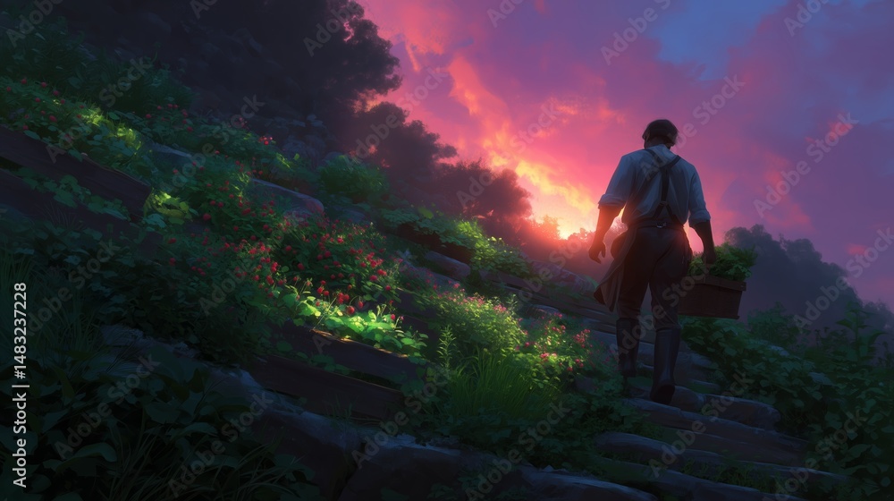 Man walking up a stone path towards a vibrant sunset amidst blooming flowers in a serene landscape