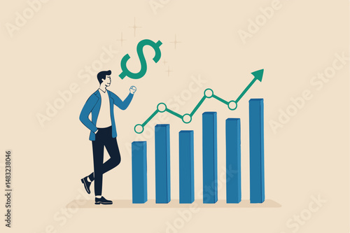 Revenue or salary increase, growth investment profit or earning from stock market, money or wages growing concept, businessman with magnifying glass on dollar money sign with growth graph and chart.