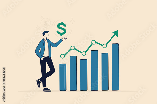 Revenue or salary increase, growth investment profit or earning from stock market, money or wages growing concept, businessman with magnifying glass on dollar money sign with growth graph and chart.