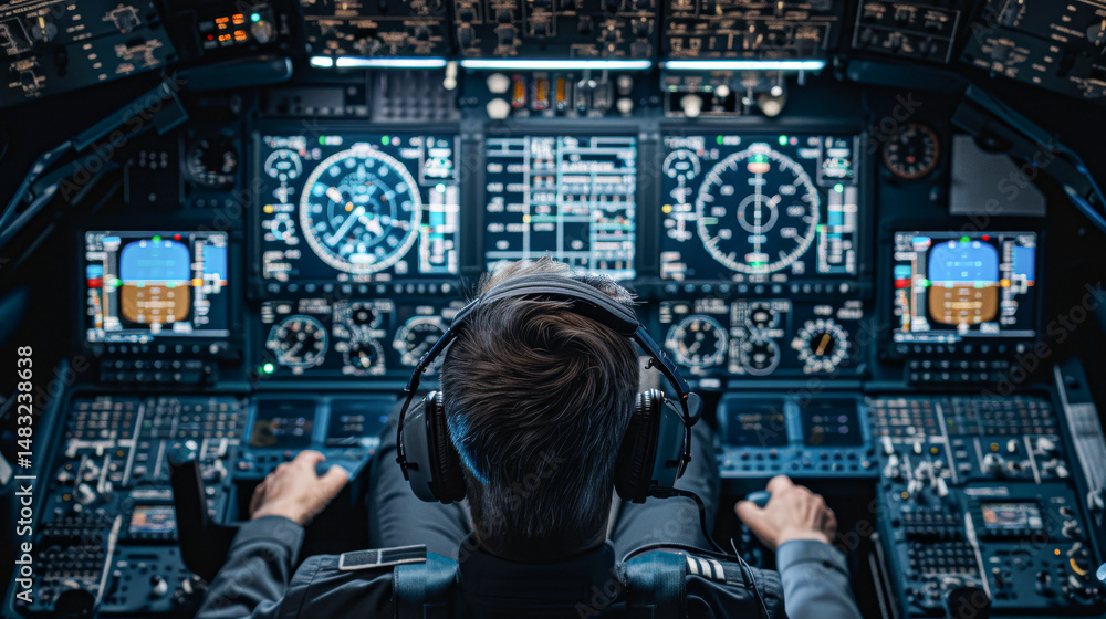 Fototapeta premium A pilot operates a modern airplane cockpit, surrounded by illuminated controls, gauges, and digital flight instruments.
